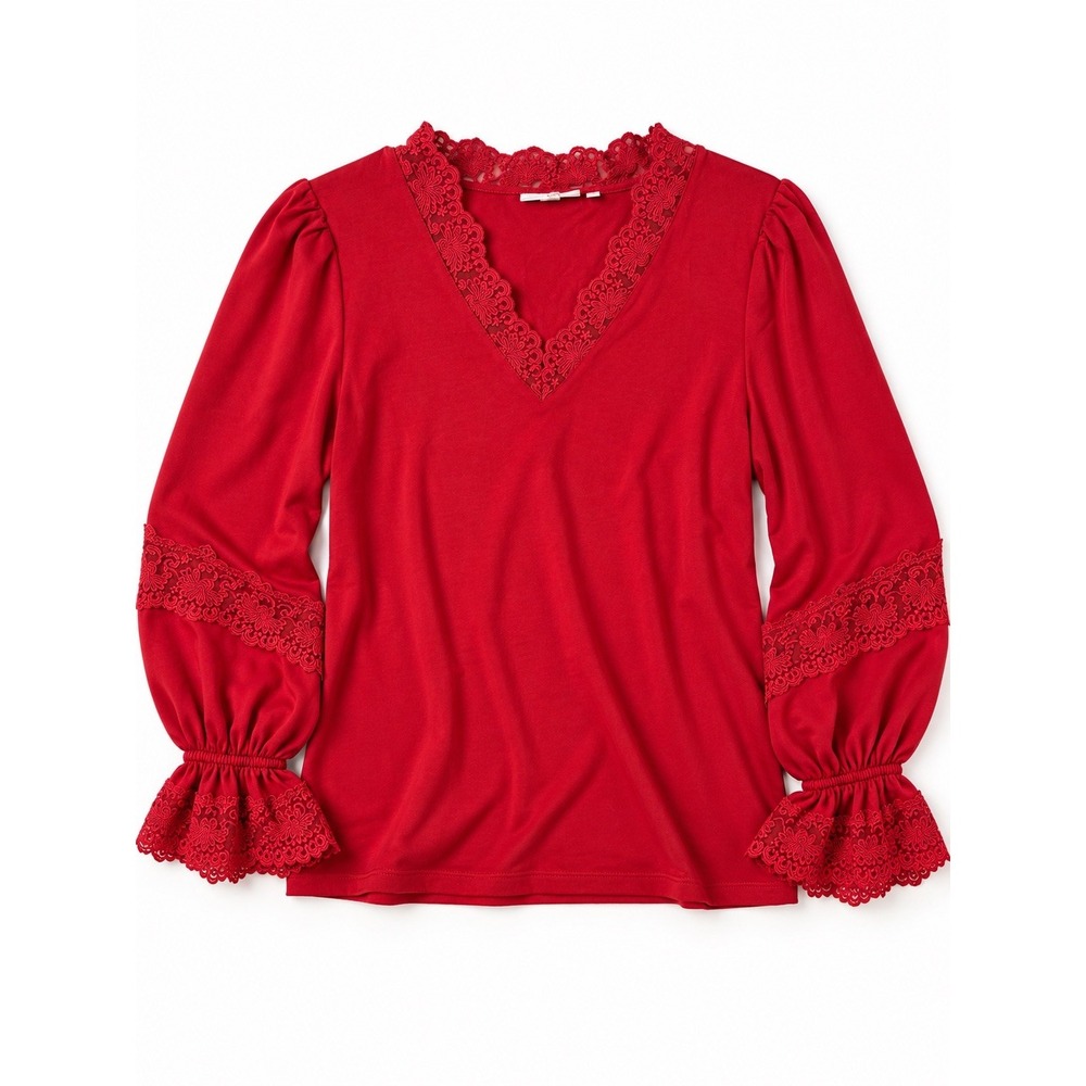 Women's Chicos Top Sz 1 US M Red Lace Accents Balloon Satin Sleeve V Neck - Picture 2 of 10